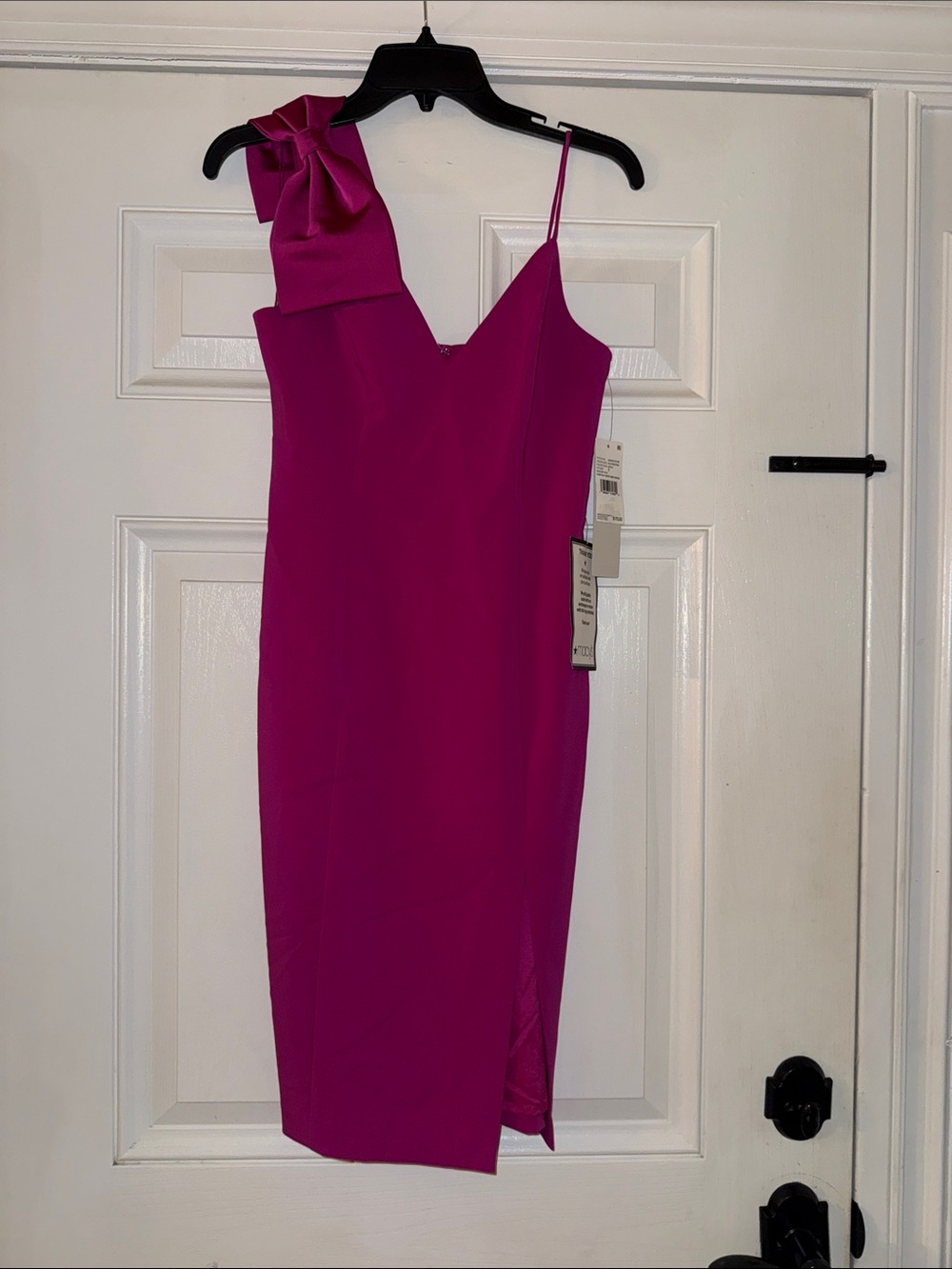 Adrianna Papell Fuchsia One-Shoulder Bow Sheath Dress - Picture 3 of 5